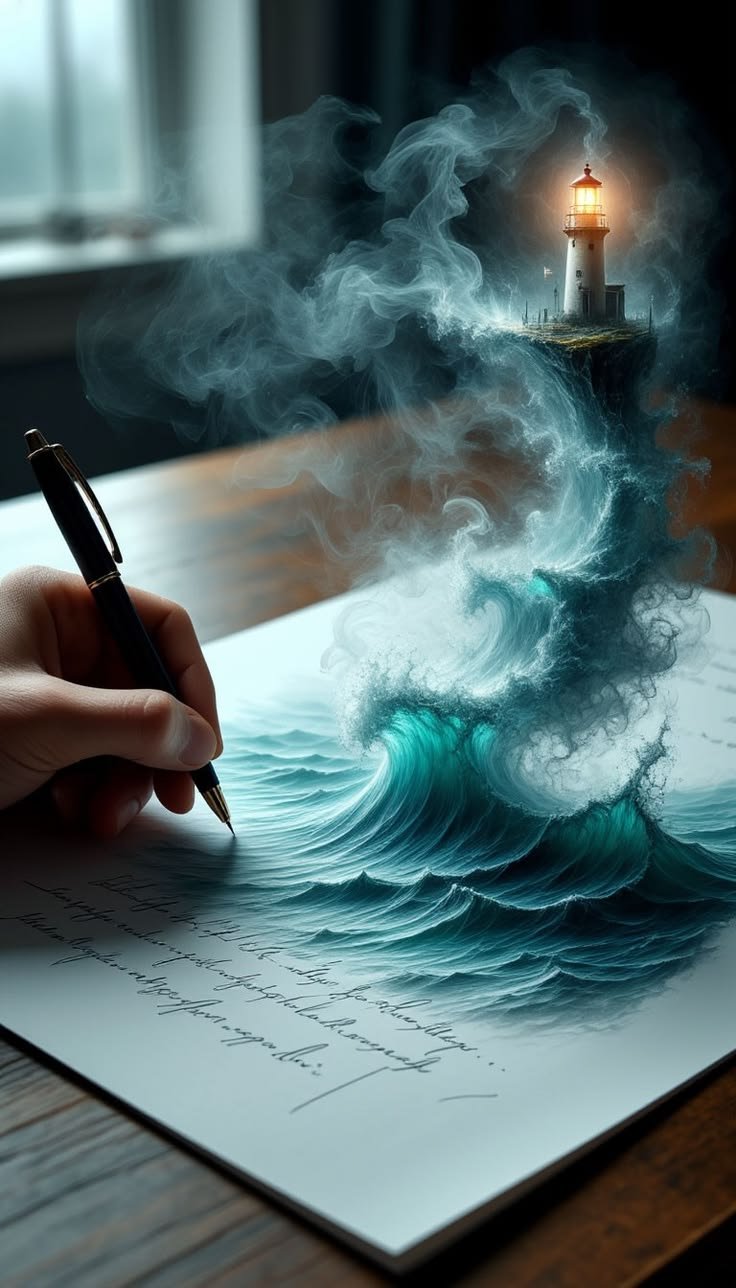 Uma mão escreve em uma folha; a escrita se transforma em ondas que revelam um farol.