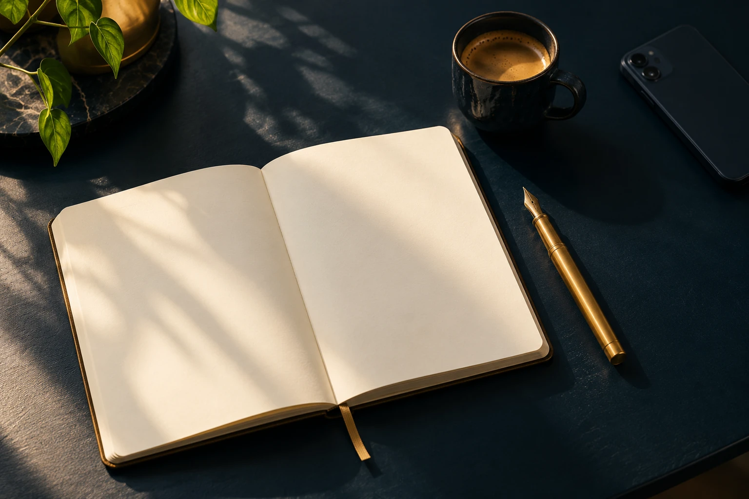 Caderno aberto, caneta dourada e café sobre uma mesa azul, com o celular virado para baixo ao lado.